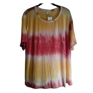 The Vanity Room Top Womens Size 1X Orange Gold Short Sleeves Colorful